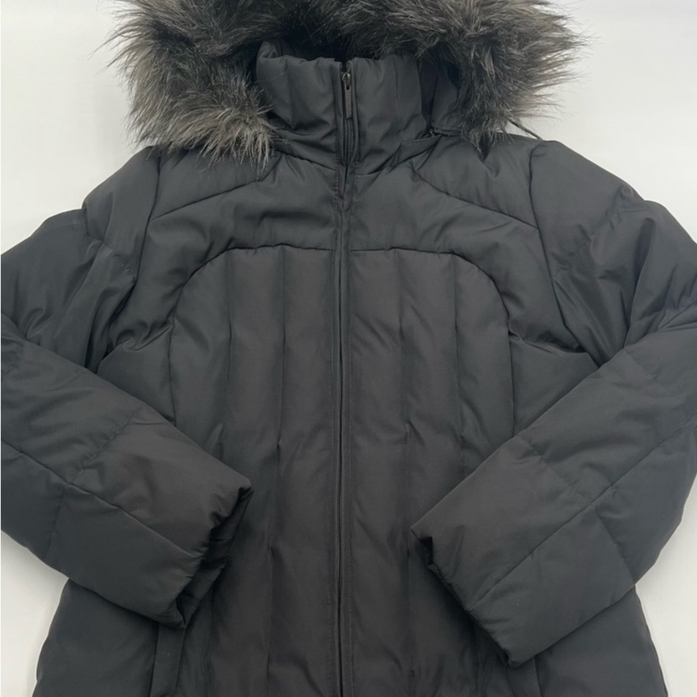 Calvin Klein charcoal gray long puffer jacket, fur trimmed removable hood Small